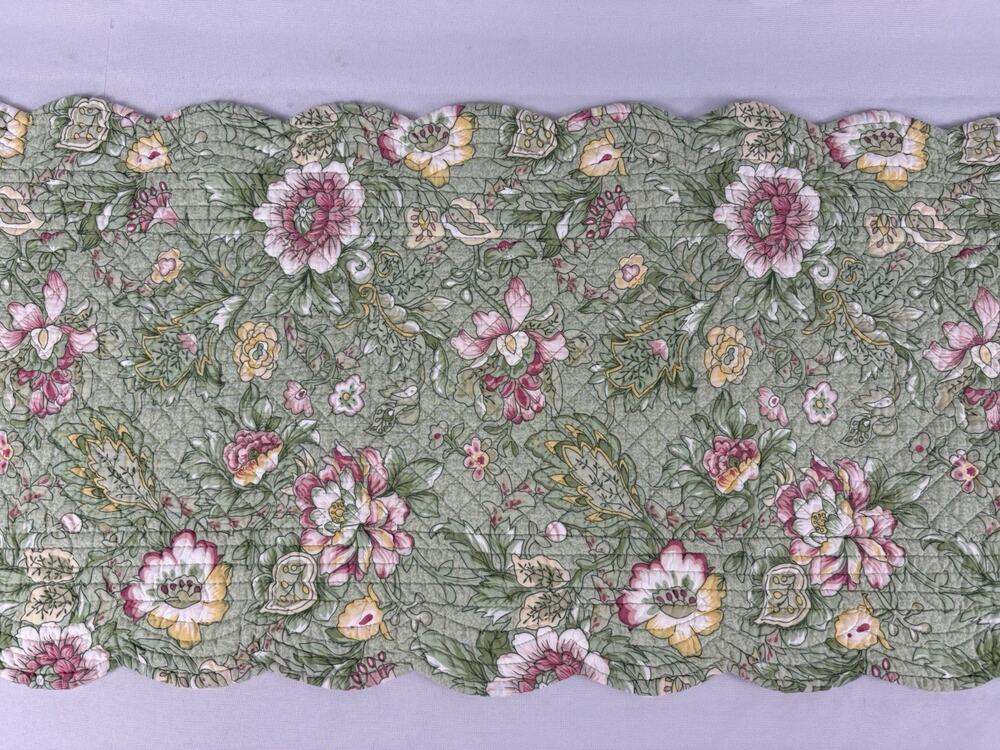 Quilted Green/Yellow/Pink Floral / Reversible Table Runner 14X90/ Scallop